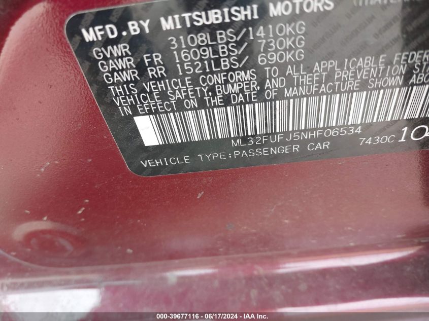 2022 Mitsubishi Mirage G4 Es VIN: ML32FUFJ5NHF06534 Lot: 39677116