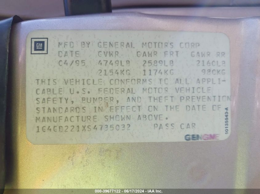 1995 Buick Riviera VIN: 1G4GD221XS4735032 Lot: 39677122