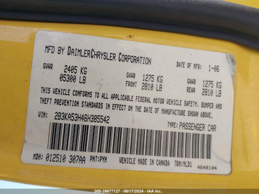 2006 Dodge Charger R/T VIN: 2B3KA53H46H385542 Lot: 39677127