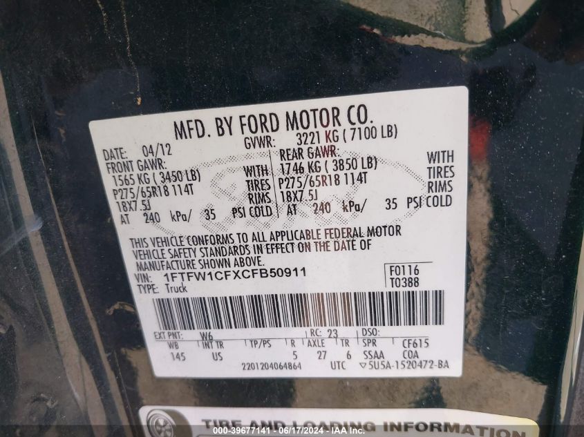 2012 Ford F150 Supercrew VIN: 1FTFW1CFXCFB50911 Lot: 39677141