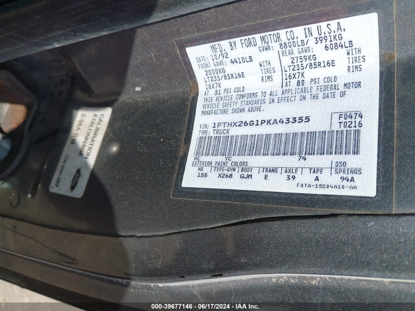 1993 Ford F250 VIN: 1FTHX26G1PKA43355 Lot: 39677146