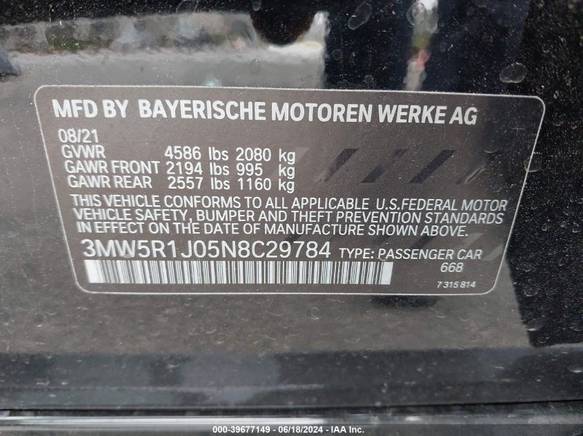 2022 BMW 330I VIN: 3MW5R1J05N8C29784 Lot: 39677149