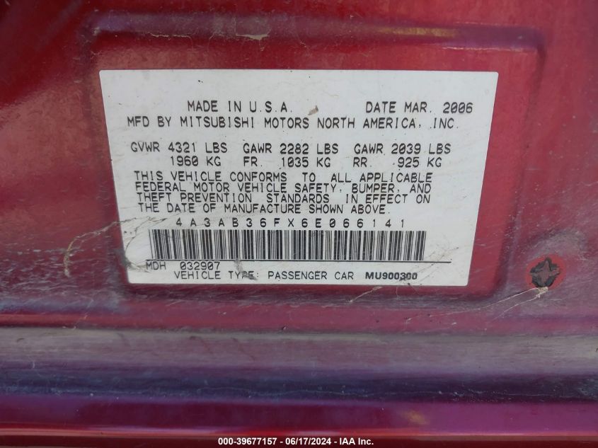 2006 Mitsubishi Galant Es/Se VIN: 4A3AB36FX6E066141 Lot: 39677157