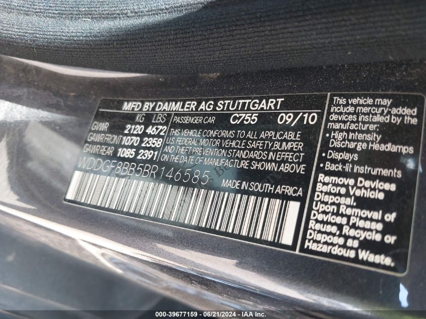 2011 Mercedes-Benz C-Class 300 4Matic VIN: WDDGF8BB5BR146585 Lot: 39677159