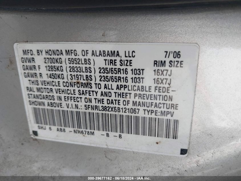 2006 Honda Odyssey Lx VIN: 5FNRL382X6B121067 Lot: 39677162