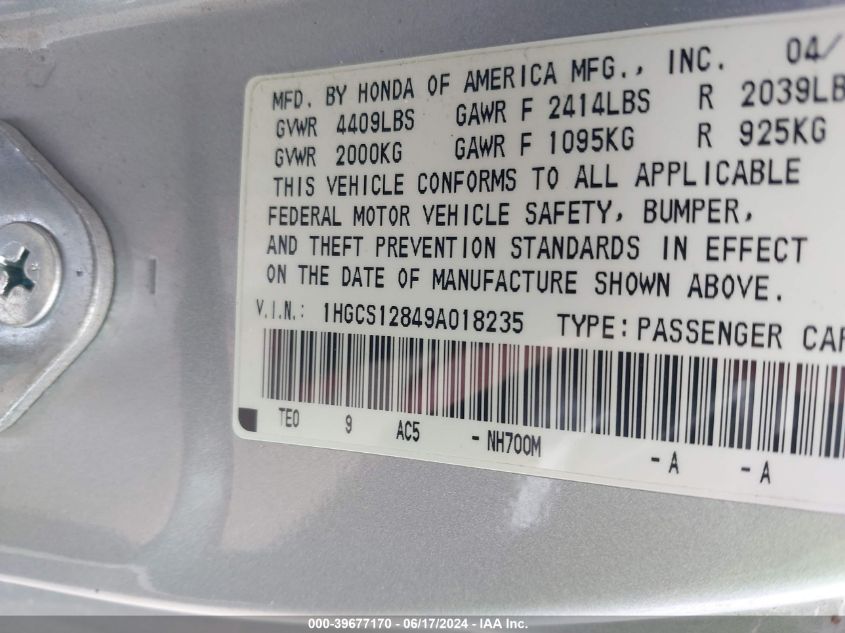 2009 Honda Accord 2.4 Ex-L VIN: 1HGCS12849A018235 Lot: 39677170