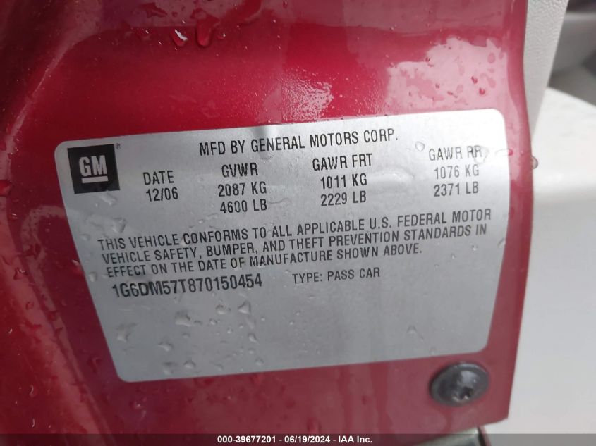 2007 Cadillac Cts Standard VIN: 1G6DM57T870150454 Lot: 39677201