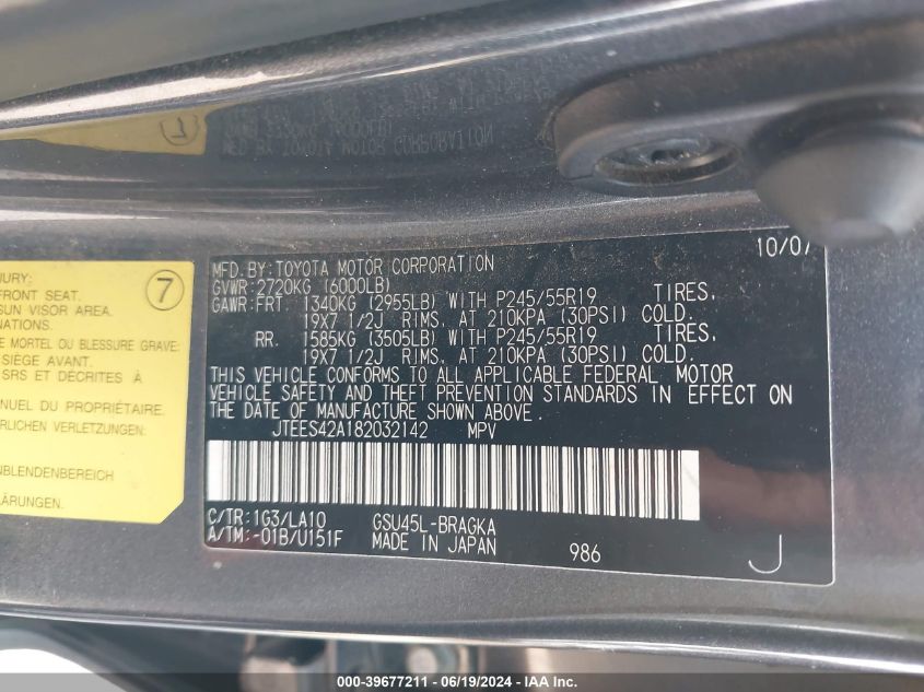 2008 Toyota Highlander Limited VIN: JTEES42A182032142 Lot: 39677211