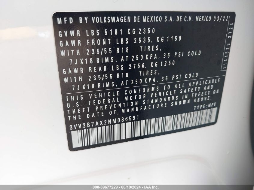 2022 Volkswagen Tiguan 2.0T Se VIN: 3VV3B7AX2NM086591 Lot: 39677229