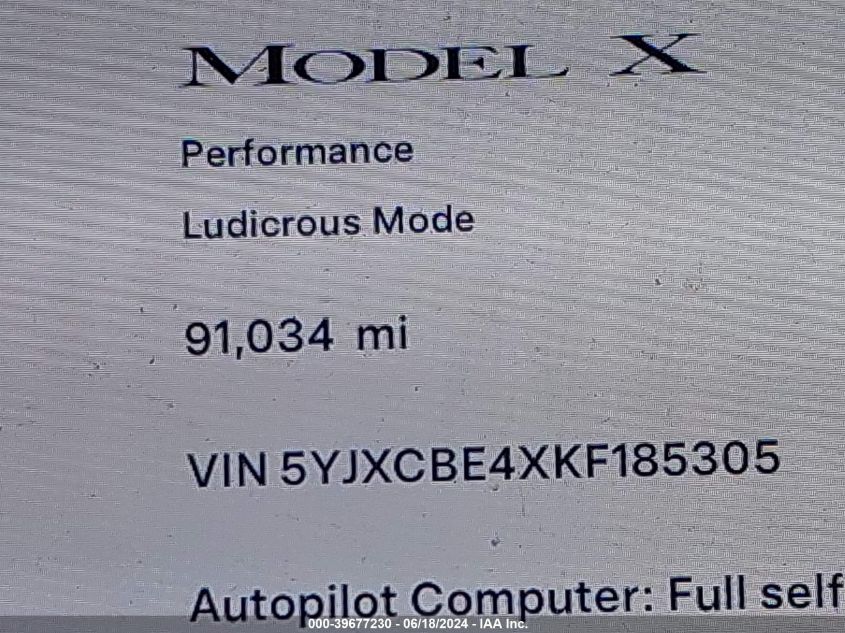 2019 Tesla Model X P100D/Performance VIN: 5YJXCBE4XKF185305 Lot: 39677230