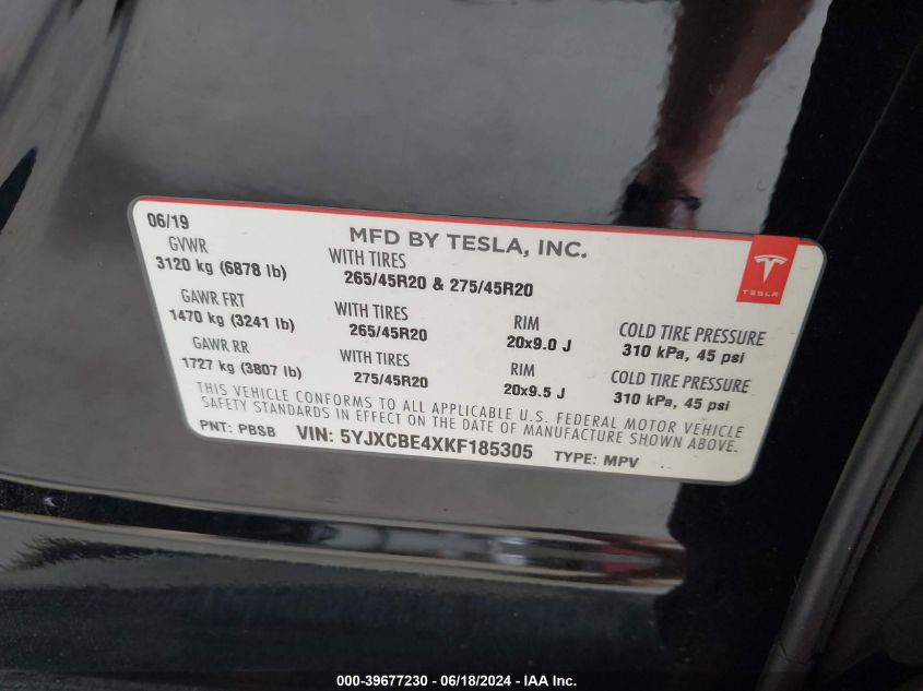 2019 Tesla Model X P100D/Performance VIN: 5YJXCBE4XKF185305 Lot: 39677230