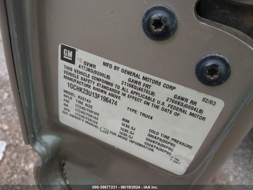 2003 Chevrolet Silverado K2500 Heavy Duty VIN: 1GCHK23U13F196474 Lot: 39677231