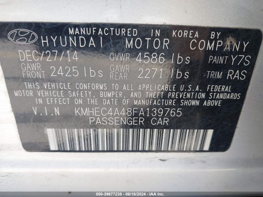 2015 Hyundai Sonata Hybrid VIN: KMHEC4A48FA139765 Lot: 39677238