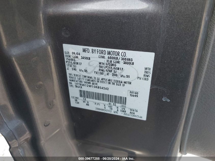 2005 Ford F150 Supercrew VIN: 1FTRW12W15KB54242 Lot: 39677255