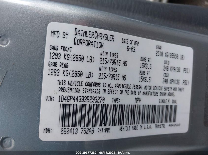 2003 Dodge Grand Caravan Sport VIN: 1D4GP44393B293270 Lot: 39677262