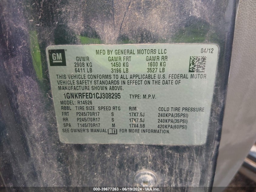 2012 Chevrolet Traverse Ls VIN: 1GNKRFED1CJ308295 Lot: 39677263