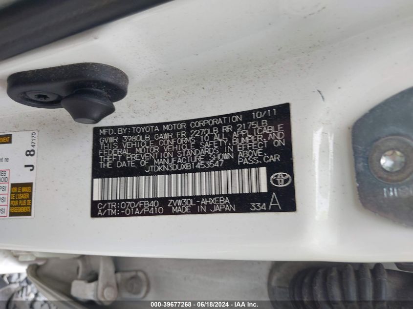 2011 Toyota Prius Two VIN: JTDKN3DUXB1453547 Lot: 39677268