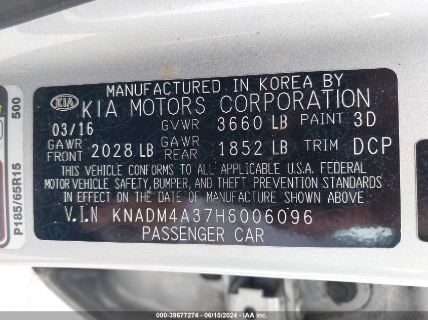 2017 Kia Rio Lx VIN: KNADM4A37H6006096 Lot: 39677274