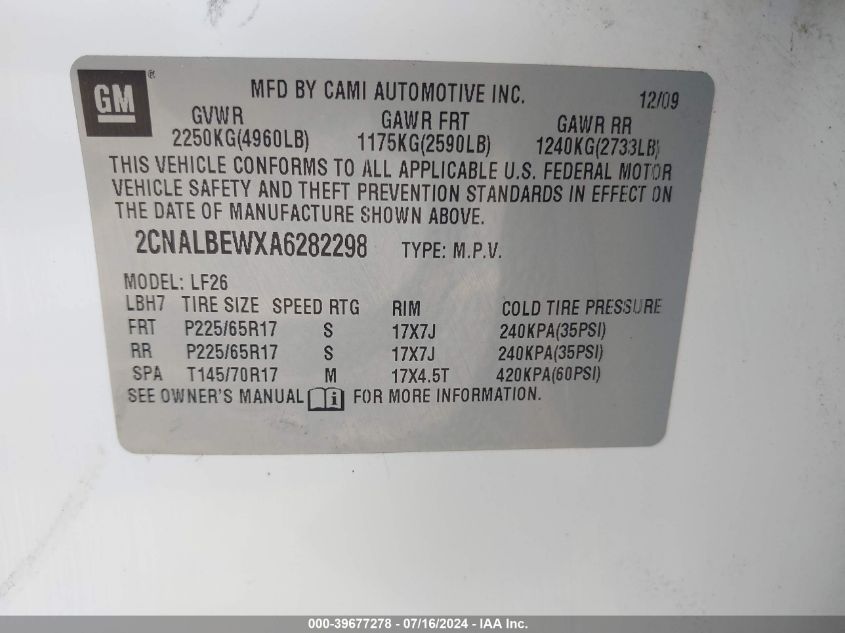 2010 Chevrolet Equinox Ls VIN: 2CNALBEWXA6282298 Lot: 39677278