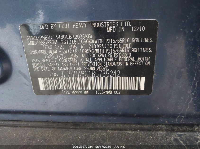 2011 Subaru Forester 2.5X VIN: JF2SHABC1BG735242 Lot: 39677284