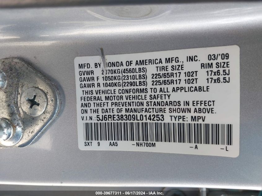 2009 Honda Cr-V Lx VIN: 5J6RE38309L014253 Lot: 39677311