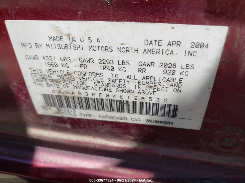 2004 Mitsubishi Galant Es Medium/Ls Medium VIN: 4A3AB36F04E128532 Lot: 39677324