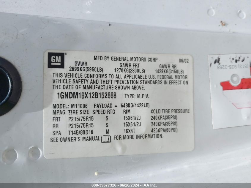 2002 Chevrolet Astro Ls VIN: 1GNDM19X12B152668 Lot: 39677326