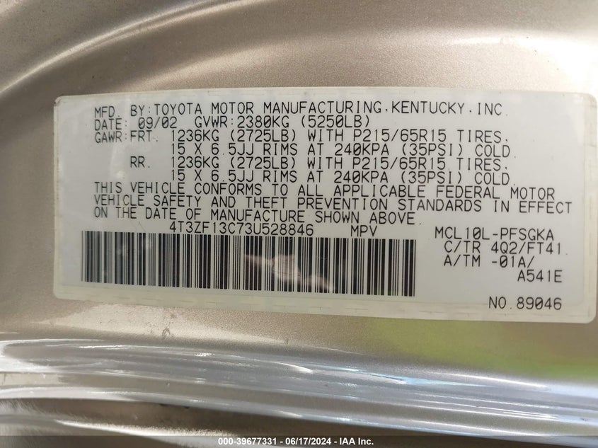 2003 Toyota Sienna Le VIN: 4T3ZF13C73U528846 Lot: 39677331