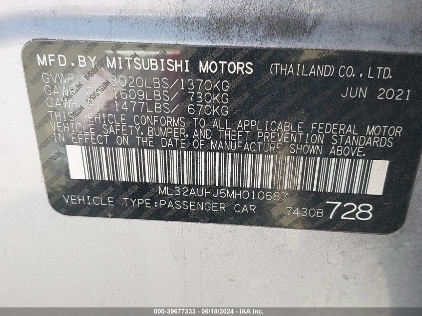 ML32AUHJ5MH010687 2021 Mitsubishi Mirage Carbonite Edition/Es/Le