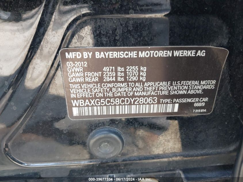 2012 BMW 528I VIN: WBAXG5C58CDY28063 Lot: 39677334