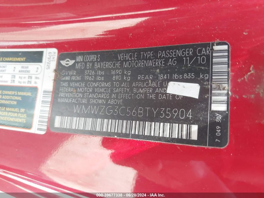 2011 Mini Cooper S Clubman VIN: WMWZG3C56BTY35904 Lot: 39677338