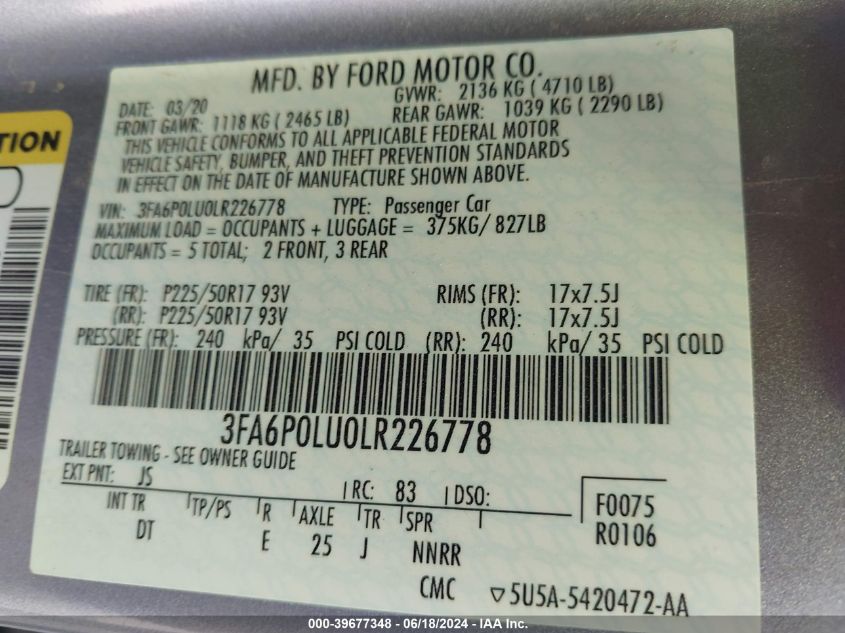 2020 Ford Fusion Hybrid Se VIN: 3FA6P0LU0LR226778 Lot: 39677348