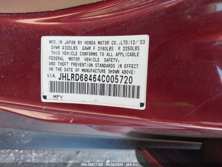 2004 Honda Cr-V Lx VIN: JHLRD68464C005720 Lot: 39677350