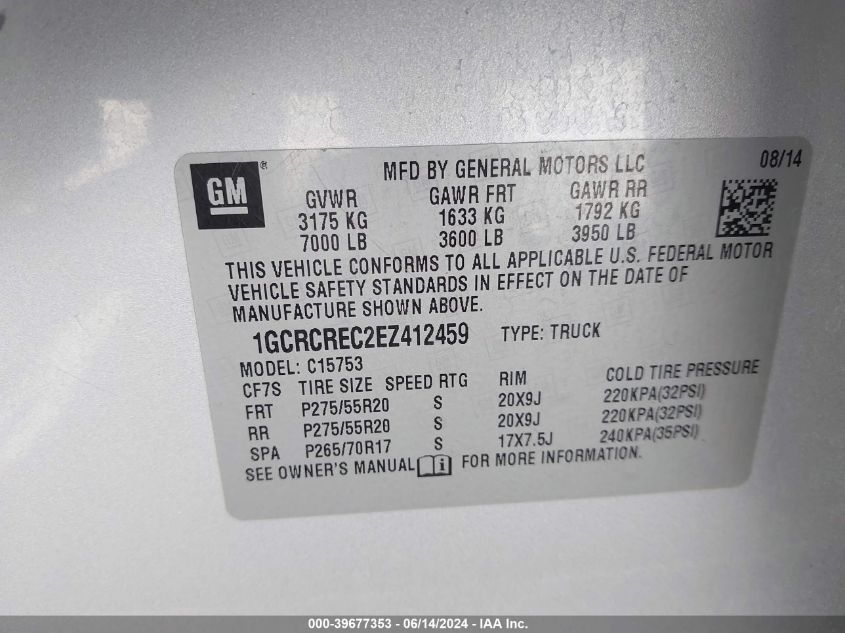 2014 Chevrolet Silverado 1500 1Lt VIN: 1GCRCREC2EZ412459 Lot: 39677353