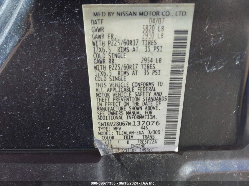 2007 Nissan Quest 3.5 Se VIN: 5N1BV28U67N137076 Lot: 39677355