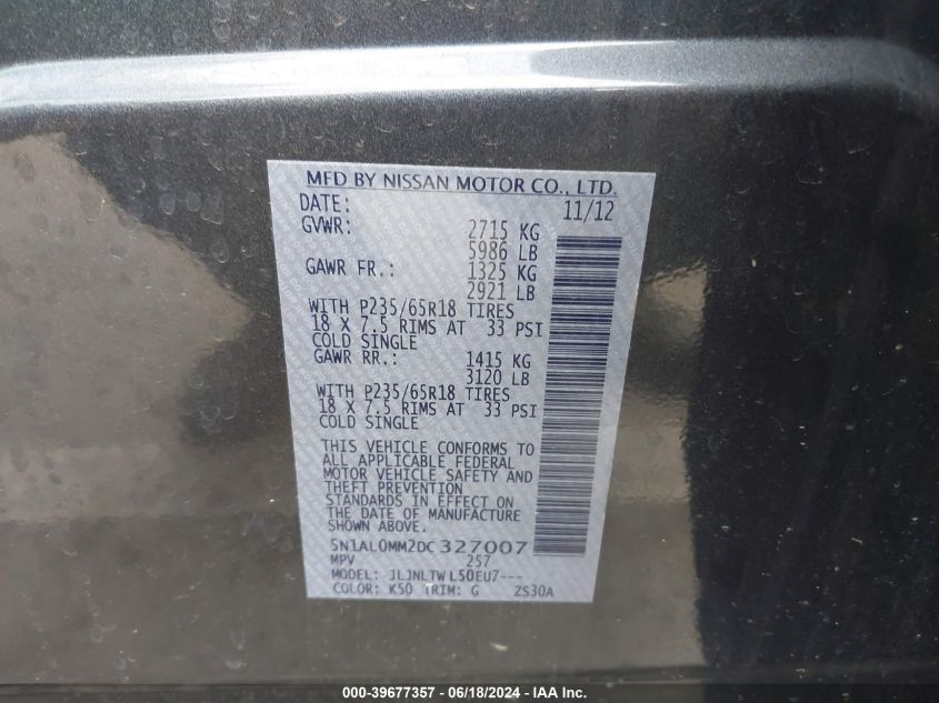 2013 Infiniti Jx35 VIN: 5N1AL0MM2DC327007 Lot: 39677357