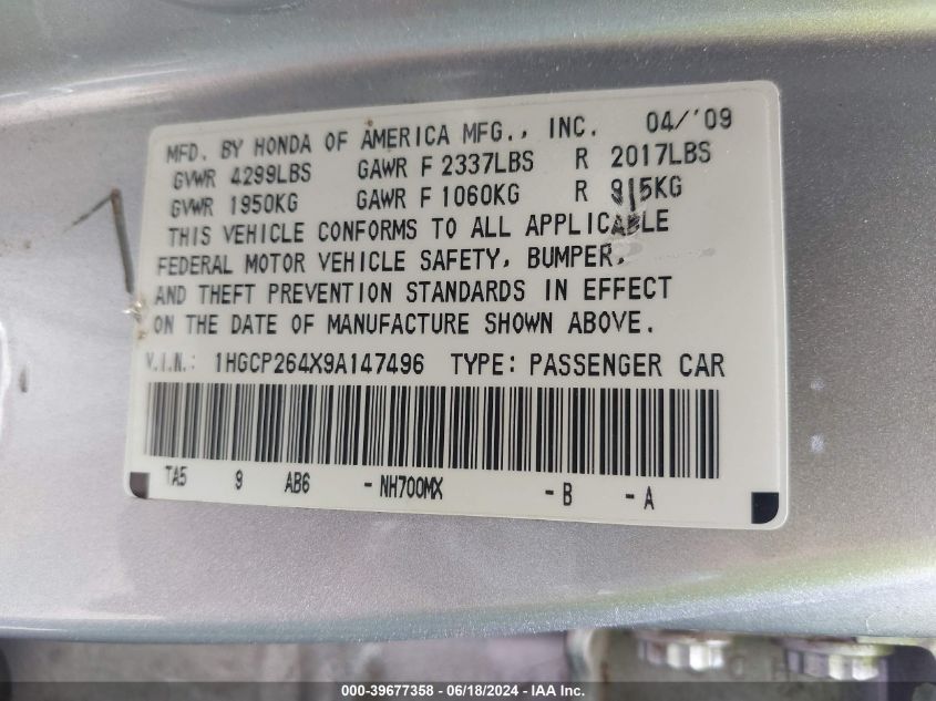 2009 Honda Accord 2.4 Lx-P VIN: 1HGCP264X9A147496 Lot: 39677358