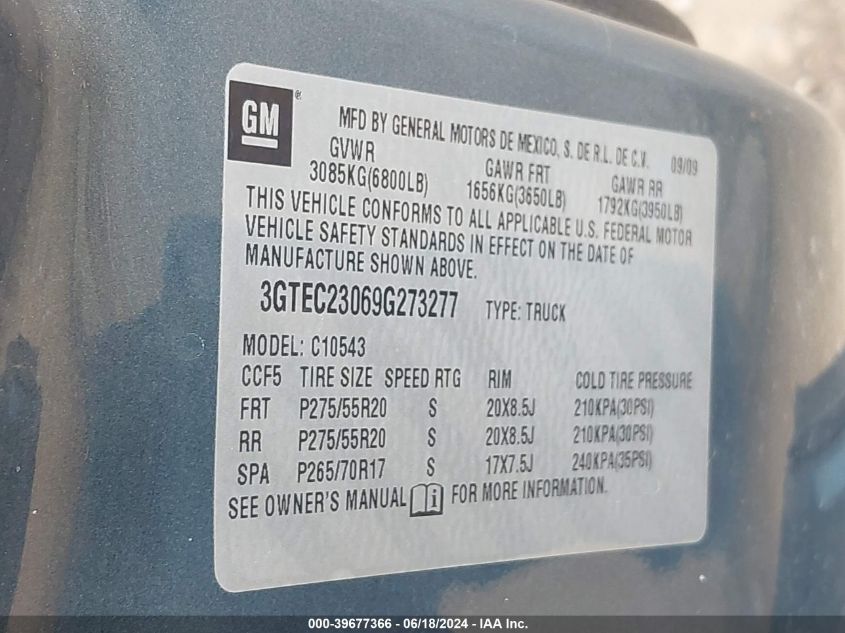 2009 GMC Sierra 1500 Sle VIN: 3GTEC23069G273277 Lot: 39677366