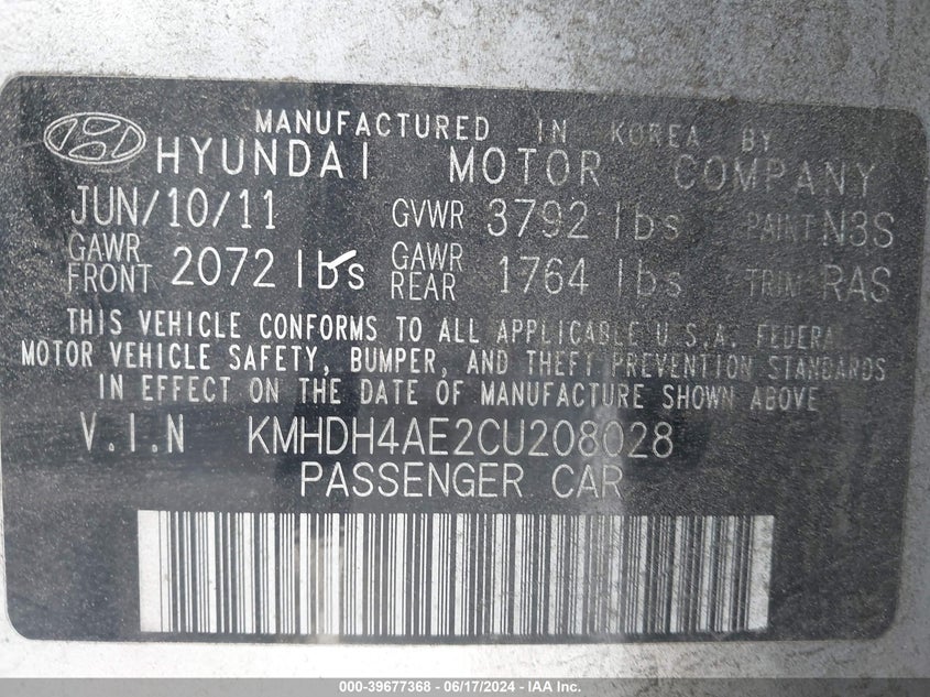2012 Hyundai Elantra Limited (Ulsan Plant) VIN: KMHDH4AE2CU208028 Lot: 39677368