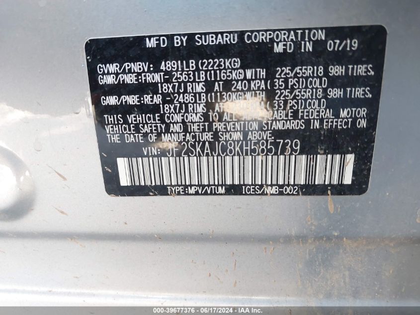 2019 Subaru Forester Sport VIN: JF2SKAJC8KH585739 Lot: 39677376