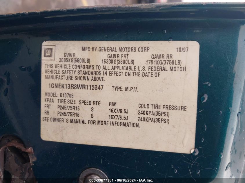 1998 Chevrolet Tahoe Ls VIN: 1GNEK13R3WR115347 Lot: 39677381