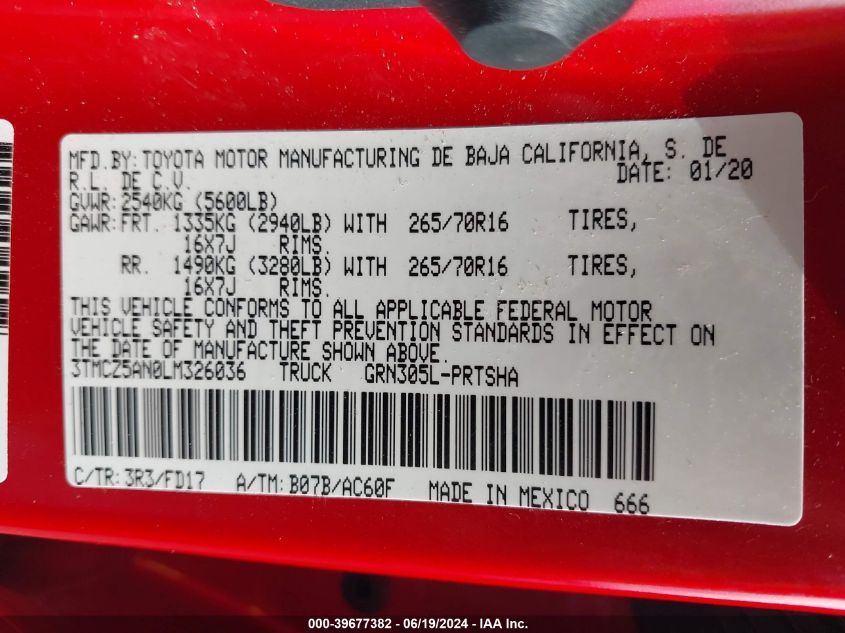 2020 Toyota Tacoma Double Cab/Sr/Sr5/Trd Spo VIN: 3TMCZ5AN0LM326036 Lot: 39677382