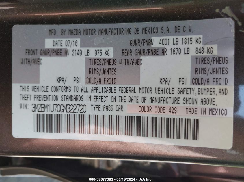 2016 Mazda Mazda3 I Sport VIN: 3MZBM1U70GM322720 Lot: 39677383