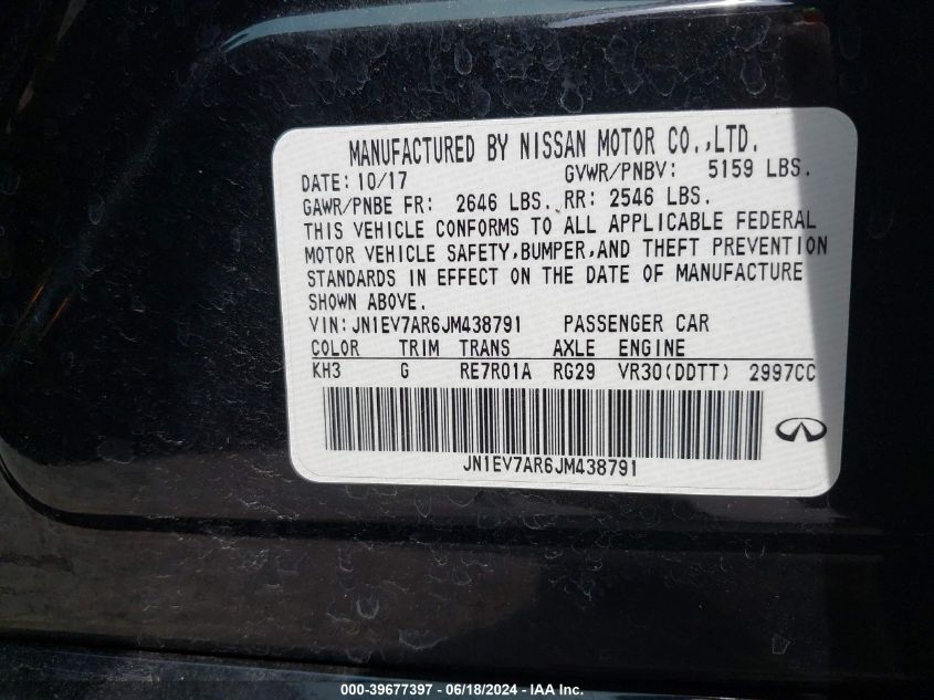 2018 Infiniti Q50 3.0T Sport VIN: JN1EV7AR6JM438791 Lot: 39677397