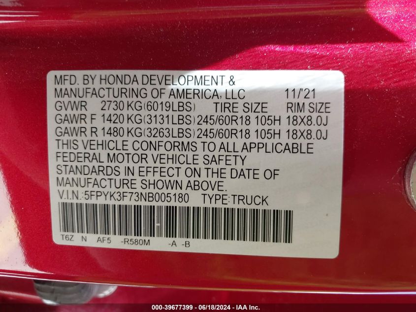 2022 Honda Ridgeline Rtl-E VIN: 5FPYK3F73NB005180 Lot: 39677399