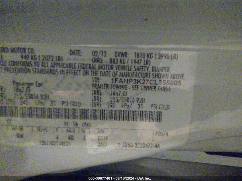 2012 Ford Focus Se VIN: 1FAHP3K27CL355805 Lot: 39677401