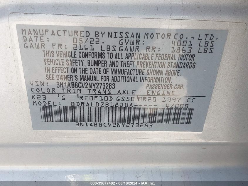 2022 Nissan Sentra Sv Xtronic Cvt VIN: 3N1AB8CV2NY273283 Lot: 39677402