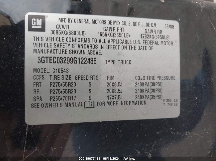2009 GMC Sierra 1500 Denali VIN: 3GTEC03299G122486 Lot: 39677411