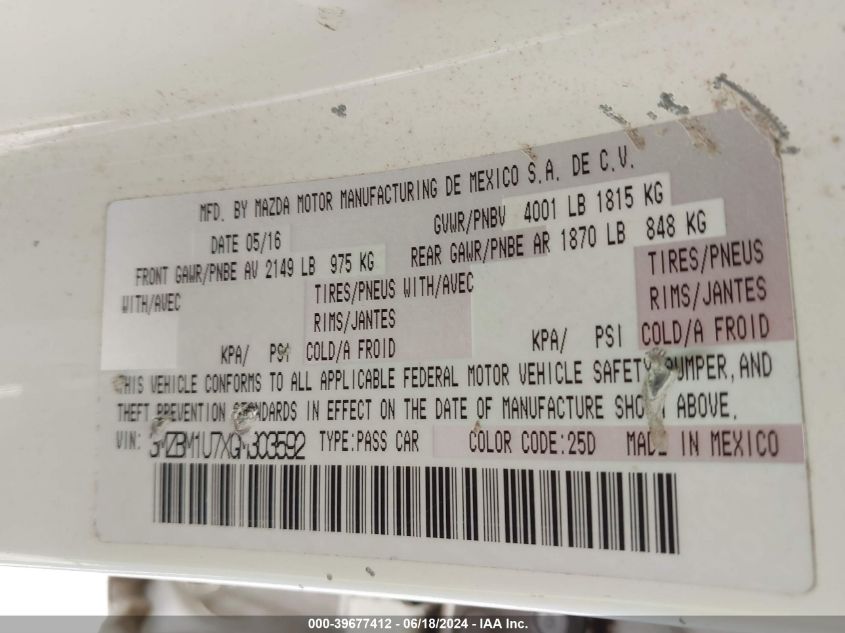 2016 Mazda Mazda3 I Sport VIN: 3MZBM1U7XGM303592 Lot: 39677412