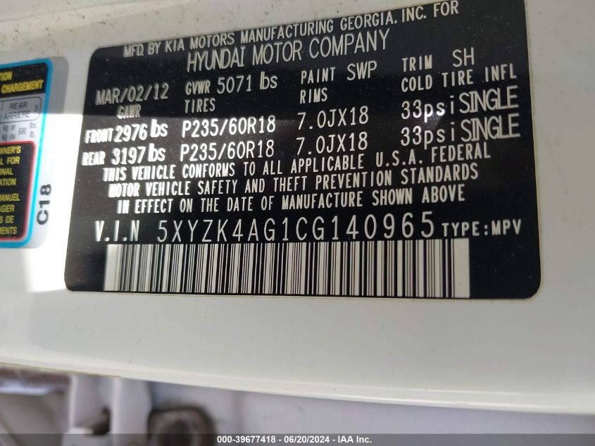 2012 Hyundai Santa Fe Limited V6 VIN: 5XYZK4AG1CG140965 Lot: 39677418